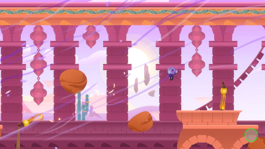 Small purple figure is floating while ancient architecture is in the background.